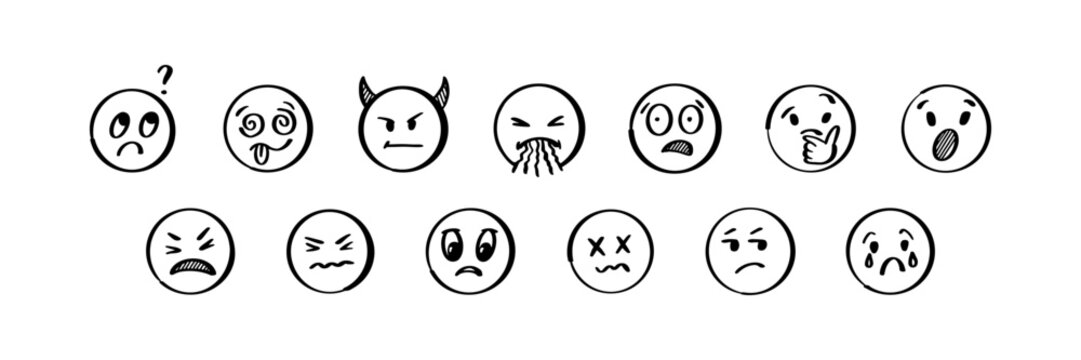 Naklejki Doodle emoji set. Hand drawn sketch vector illustration. Pack of different negative expressions emoticons