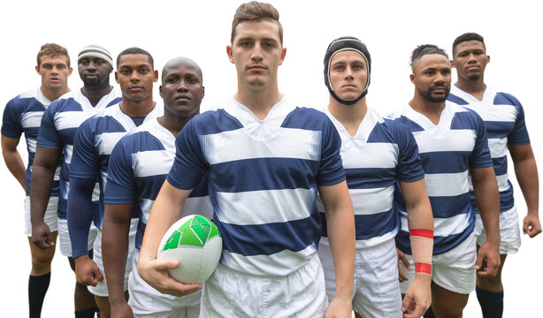 Digital png photo of team of diverse rugby players standing with ball on transparent background