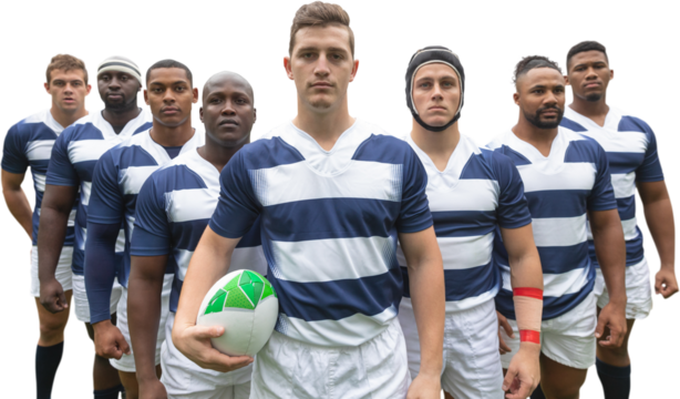Digital png photo of team of diverse rugby players standing with ball on transparent background