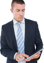 Digital png photo of focused caucasianl businessman using tablet on transparent background