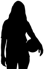 Digital png illustration of silhouette of sportswoman with ball on transparent background