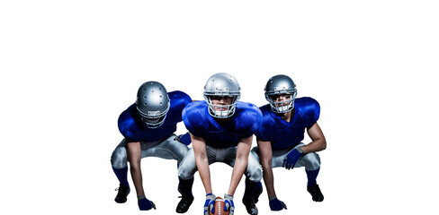 Digital png photo of diverse male american football players with ball on transparent background