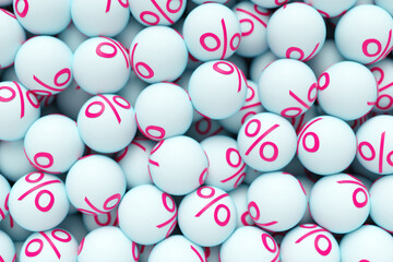 Close-up of a group of spheres with a percentage on a white background. 3d rendering illustration