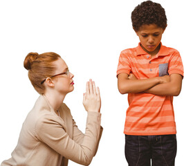 Digital png photo of diverse female teacher and angry schoolboy on transparent background