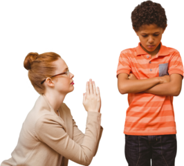 Digital png photo of diverse female teacher and angry schoolboy on transparent background
