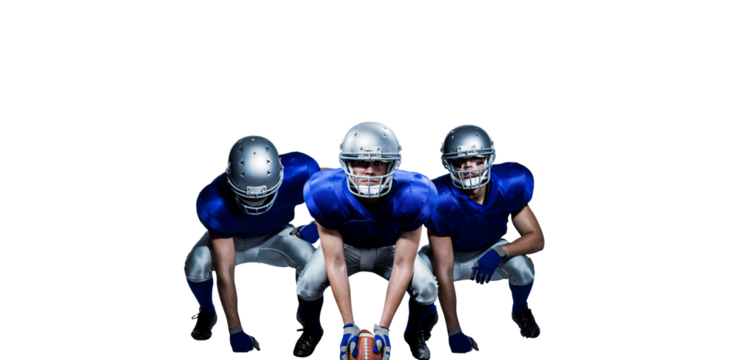 Digital png photo of diverse male american football players with ball on transparent background