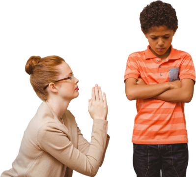 Digital png photo of diverse female teacher and angry schoolboy on transparent background