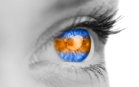 Digital png photo of blue and orange eye of woman on transparent background