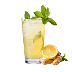 front view of ginger lemonade juice with ingredients isolated on a transparent white background 