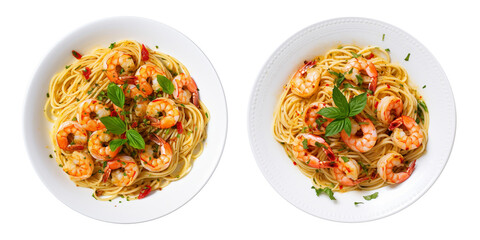 Spaghetti Aglio Olio Seafood on white bowl, top view with transparent background