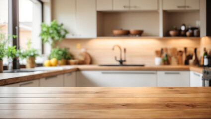 Fototapeta na wymiar Empty Beautiful wood table top and blur bokeh modern kitchen interior background in clean and bright