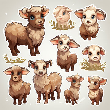 Set of cute cartoon sheep with flowers and leaves. Vector illustration.