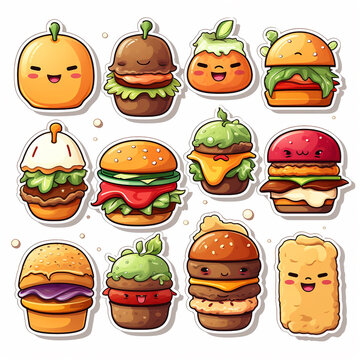 cartoon fast food icon set with hamburger and cheeseburger