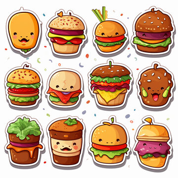 cartoon fast food icon set with hamburger and cheeseburger