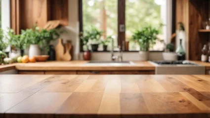 Fotobehang Empty Beautiful wood table top and blur bokeh modern kitchen interior background in clean and bright © adynue