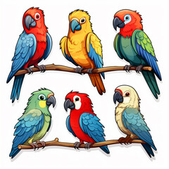 Obraz premium Set of parrots on white background. Isolated vector illustration.