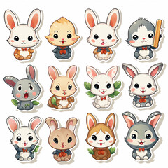 Set of cute cartoon bunnies on white background. Vector illustration.