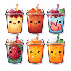 Fruit smoothies in plastic cups with straws. Vector illustration.