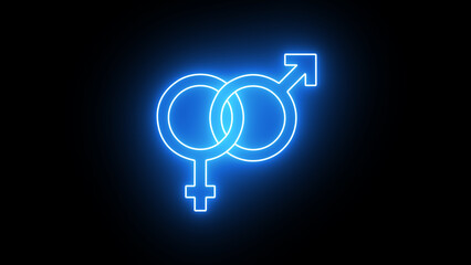 Blue color Neon Gender symbol icon. glowing gender icon. Male, female sign of gender equality icon on black background.