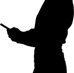Digital png illustration of silhouette of businessman using smartphone on transparent background