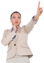 Digital png photo of focused asian businesswoman pointing finger on transparent background