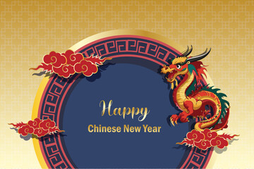 Happy Chinese New Year, year of dragon traditional design card.  Dragon on Chinese lattice window frame and oriental clouds. Vector.