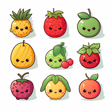 Vegetables and fruits cartoon character set. Vector illustration of cute vegetable characters.