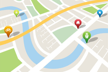 Fototapeta premium Digital png illustration of map with map pins on transparent background