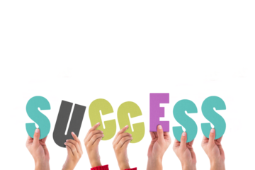 Digital png illustration of hands and success text on transparent background