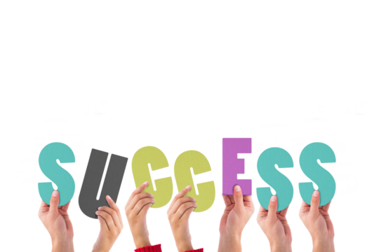 Digital png illustration of hands and success text on transparent background - Powered by Adobe