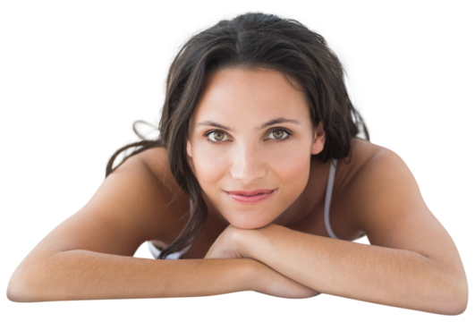 Digital png photo of happy caucasian woman with hands under chin lying on transparent background