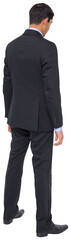 Digital png photo of back view of biracial businessman looking down on transparent background