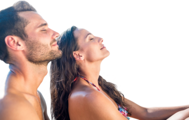 Digital png photo of happy caucasian couple closed eyes and smiling on transparent background