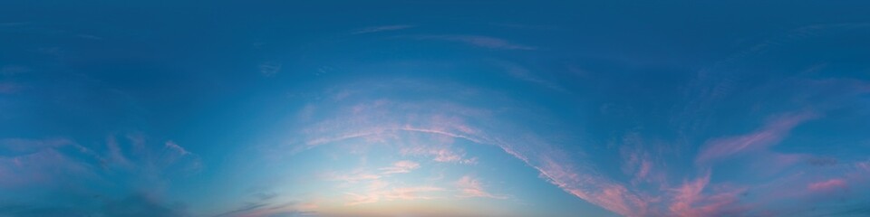 Fototapeta na wymiar Sunset sky panorama with bright glowing pink Cirrus clouds. Seamless hdr 360 panorama in spherical equirectangular format. Full zenith for 3D visualization, sky replacement for aerial drone panoramas.