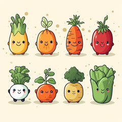 Fototapeta premium Cute kawaii vegetables character set. Vector illustration in cartoon style.