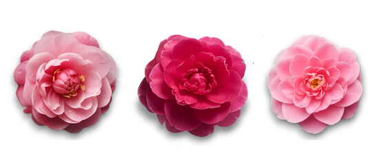 Close up of pink and light pink camellia flowers isolated on transparent background. Top view, flat lay. 