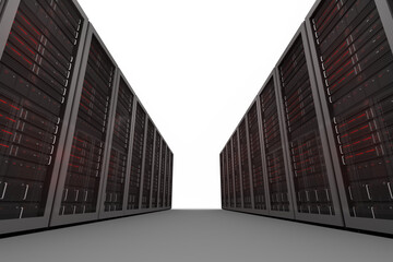 Digital png illustration of servers in row with copy space on transparent background