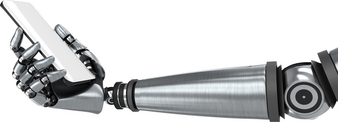 Digital png illustration of robotic hand holding smartphone, copy space on transparent background