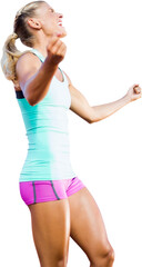 Digital png photo of caucasian sportswoman raising hands and celebrating on transparent background