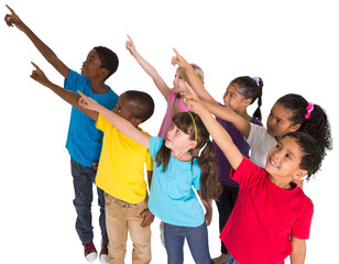 Digital png photo of happy diverse children pointing fingers on transparent background