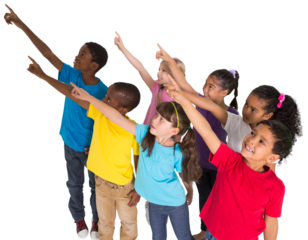 Digital png photo of happy diverse children pointing fingers on transparent background