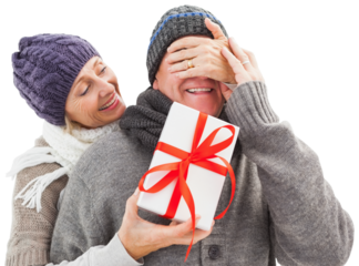 Digital png photo of happy caucasian senior couple with present on transparent background