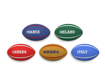 Digital png illustration of rugby balls with country names on transparent background