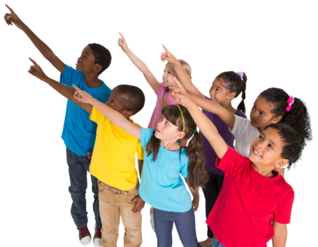 Digital png photo of happy diverse children pointing fingers on transparent background