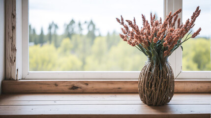 Vase of dried flowers on windowsill. Style home interior decor.