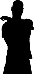 Digital png illustration of silhouette of sportsman stretching on transparent background