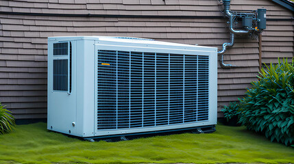 Heat pump or air conditioning outdoor unit in modern house of future using green electric energy, heat pump - efficient source of heat - obrazy, fototapety, plakaty