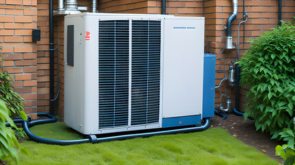 Air Source heat pump fitted outside a new home development - obrazy, fototapety, plakaty