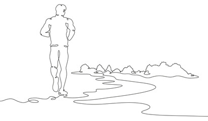 Cross country running. Landscape. Jogging in nature.
Jogging in the fresh air. Active lifestyle. A man runs.One continuous line. Linear. Hand drawn, white background