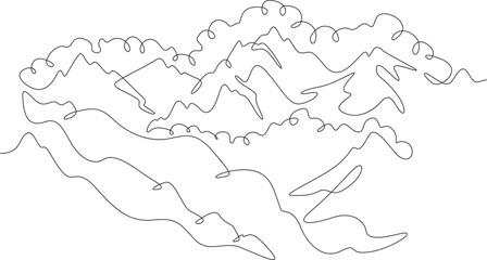 Landscape of high mountains. Beautiful view. Clouds in the mountains. Mountain peaks in the clouds.One continuous line. Linear. Hand drawn, white background
